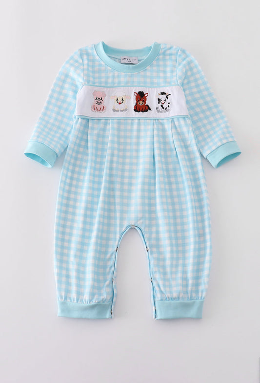 Blue Farm Embroidery Gingham Boy’s Romper