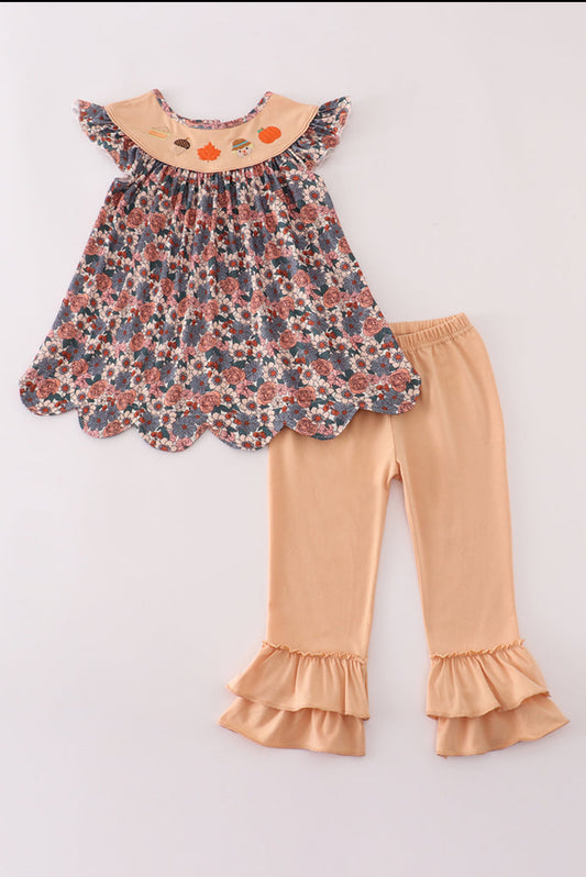 Fall Floral Print Pumpkin Embroidery Girl’s Pant Set