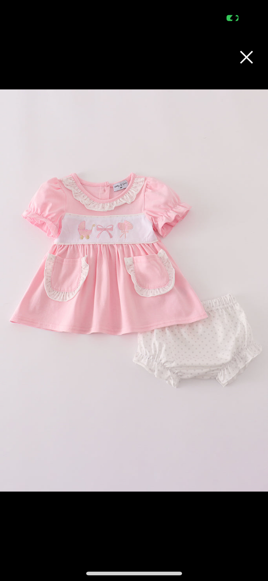 Pink Bow Embroidery Girl’s Bloomer Set