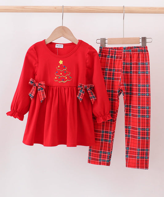 Red Tree Embroidery Plaid Bow Girl’s Pants Set