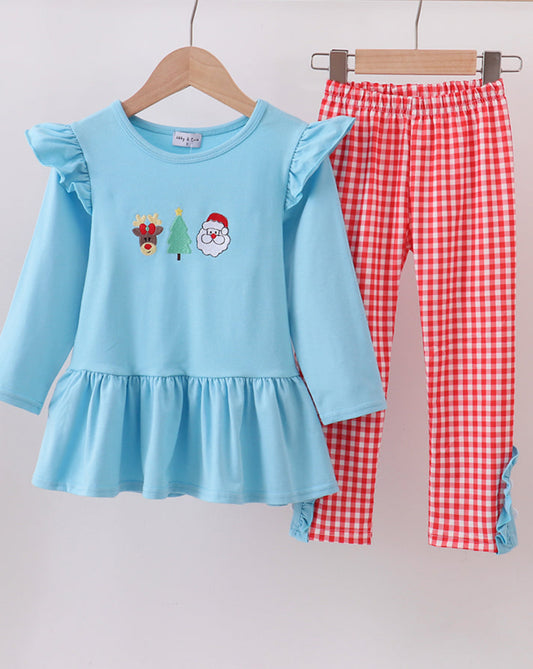 Blue Deer Tree Sant Embroidery Ruffle Girl’s Pants Set