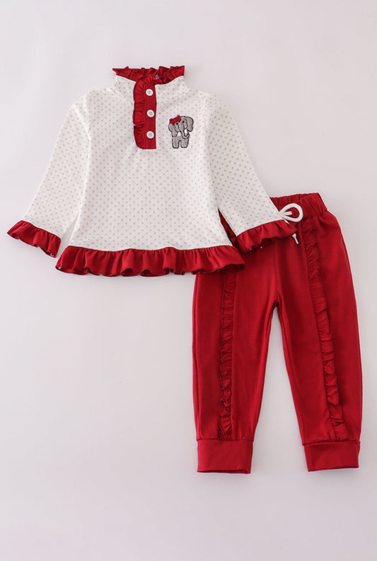 Alabama Polka Dot Elephant French Knot Ruffle Girl’s Pants Set