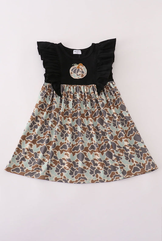 Black Camouflage Pumpkin Appliqué Ruffle Dress