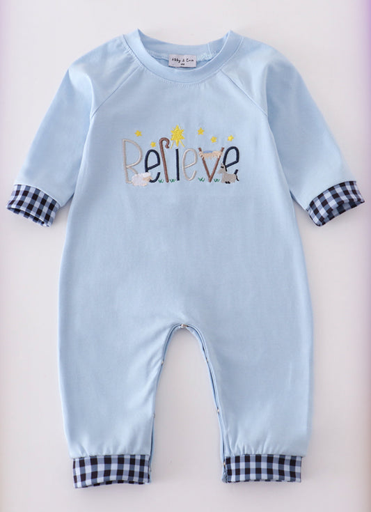 Blue BELIEVE Embroidery Boy’s Romper