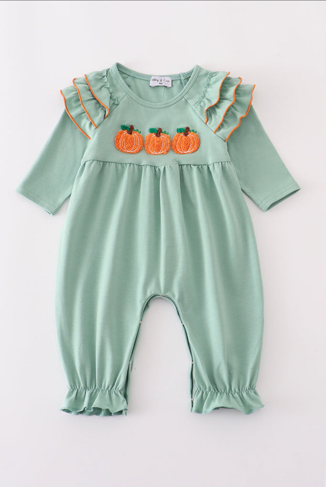 Sage Pumpkin French Knot Ruffle Girl’s Romper