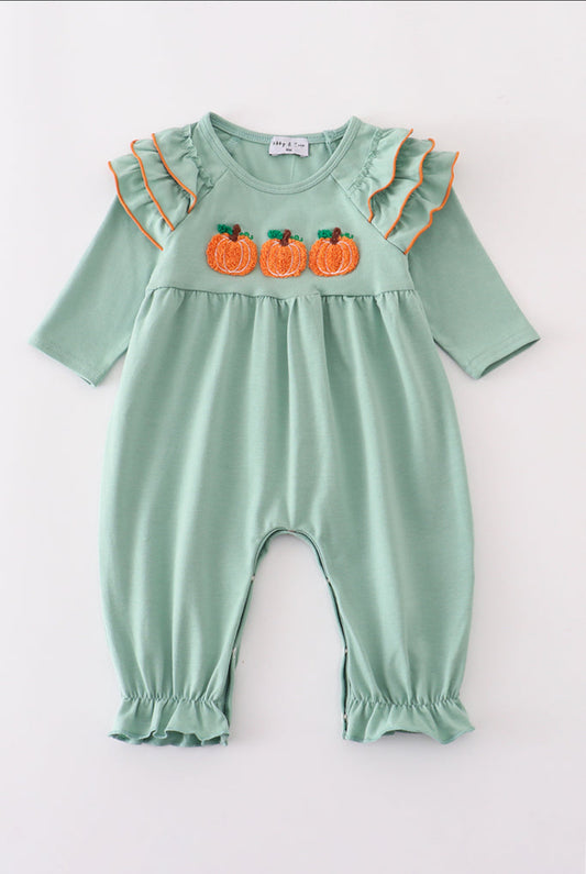 Sage Pumpkin French Knot Ruffle Girl’s Romper