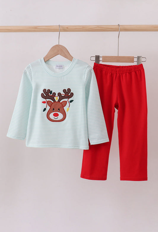 Blue Reindeer Applique Stripe Boy’s Pants Set