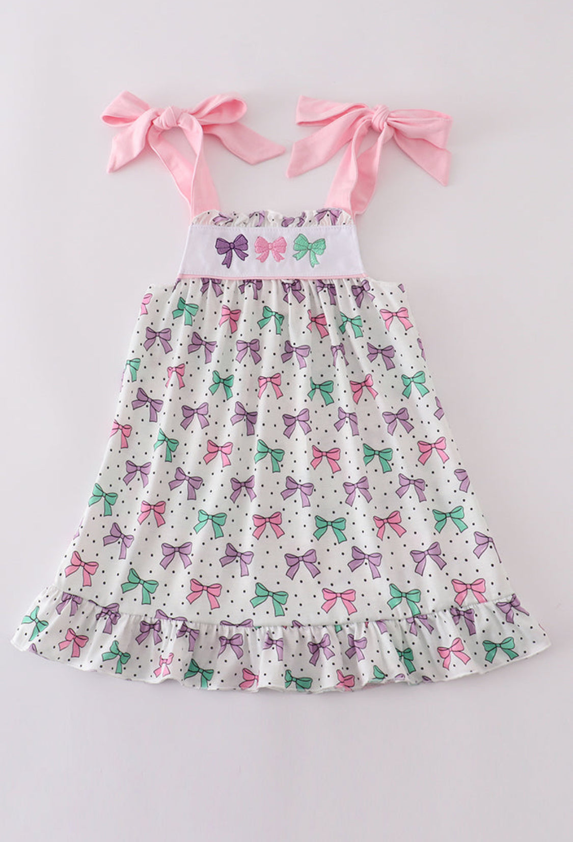 Pink Bow Embroidery Girl’s Ruffle Dress