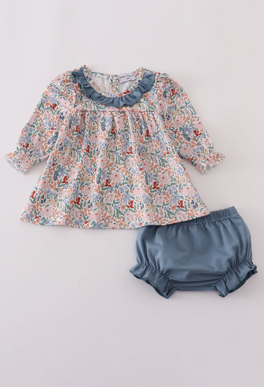 Blue Floral Print Ruffle Girl’s Bloomer Set