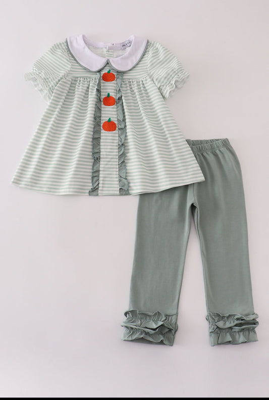 Sage French Knot Girl’s Ruffle Pants Set