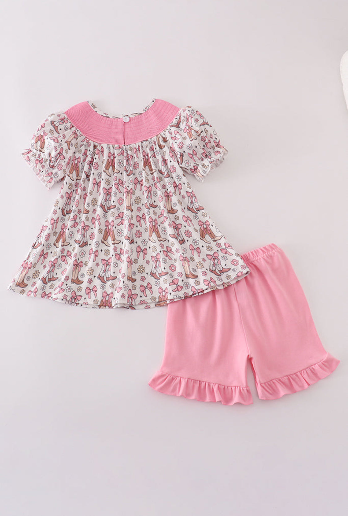 Pink Let’s Go Girls Boots Bow Floral Smocked Girl’s Shorts Set