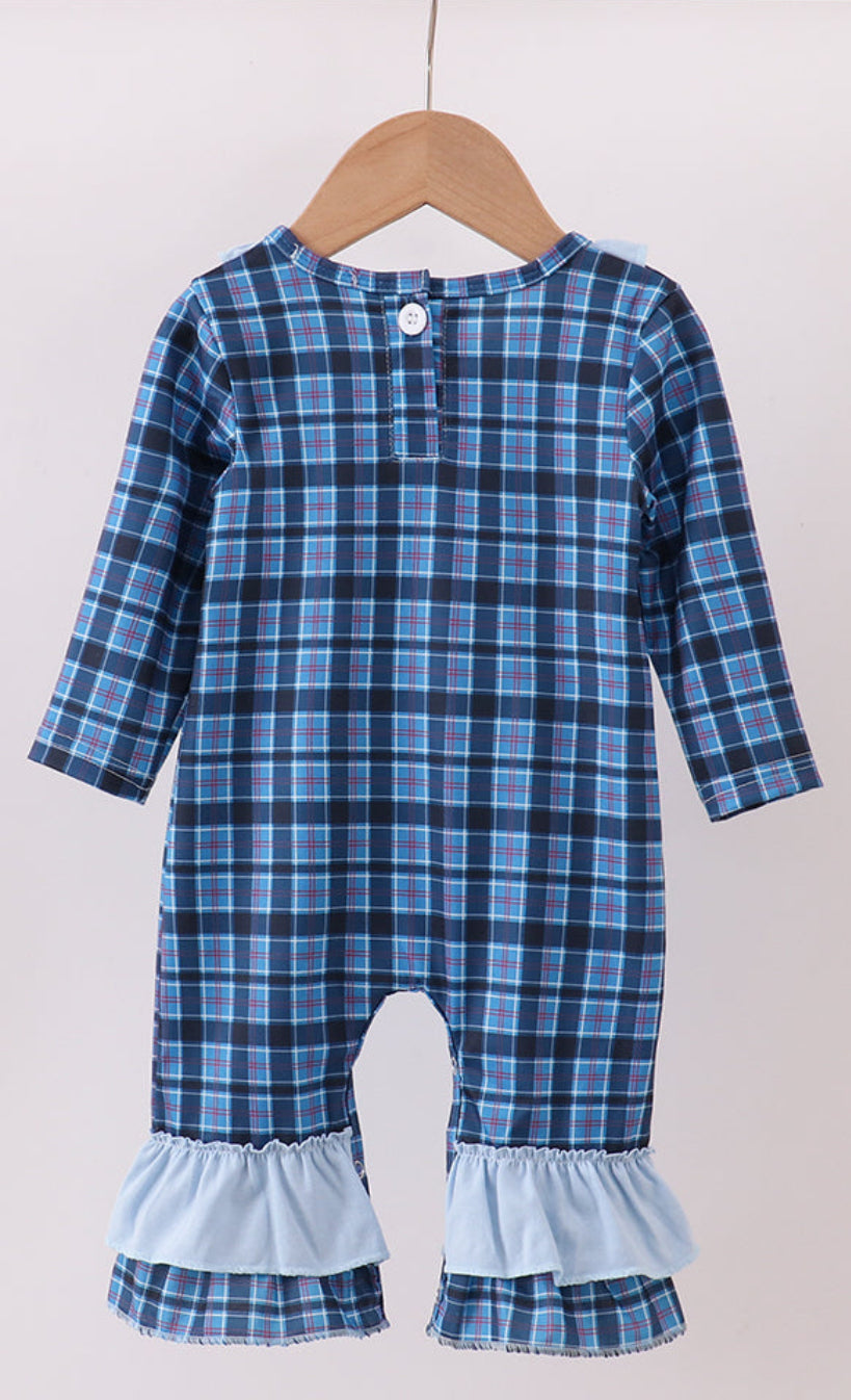 Navy Nativity Embroidery Plaid Ruffle Romper