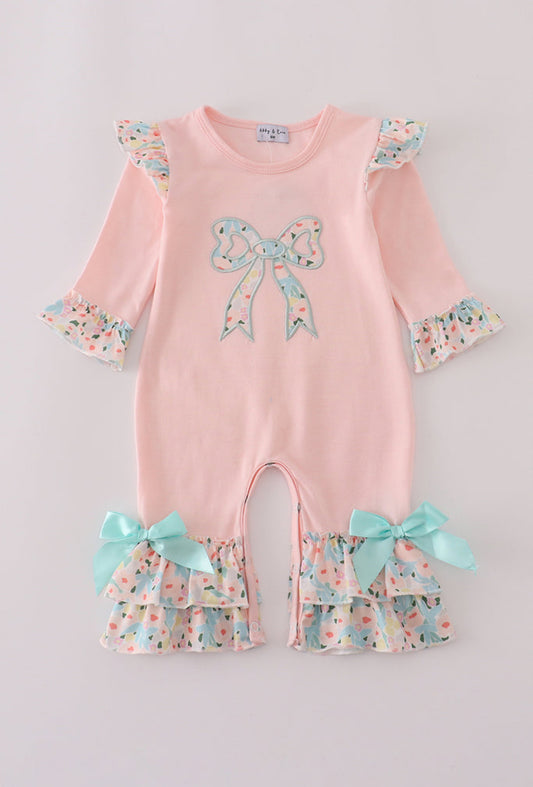 Pink Floral Print Bow Appliqué Ruffle Girl’s Romper