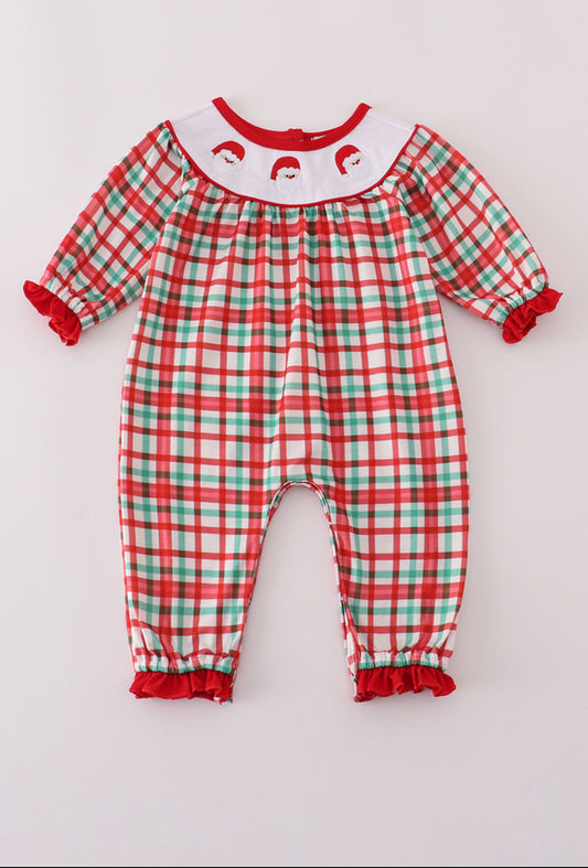 Red Santa Claus Embroidery Plaid Ruffle Girl’s Romper