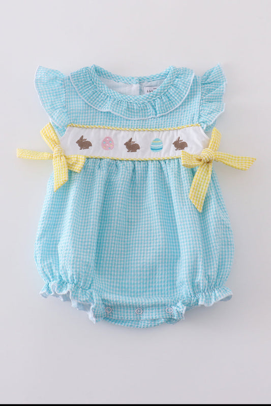 Girl’s Premium Mint Bunny Egg Embroidered Gingham Bubble