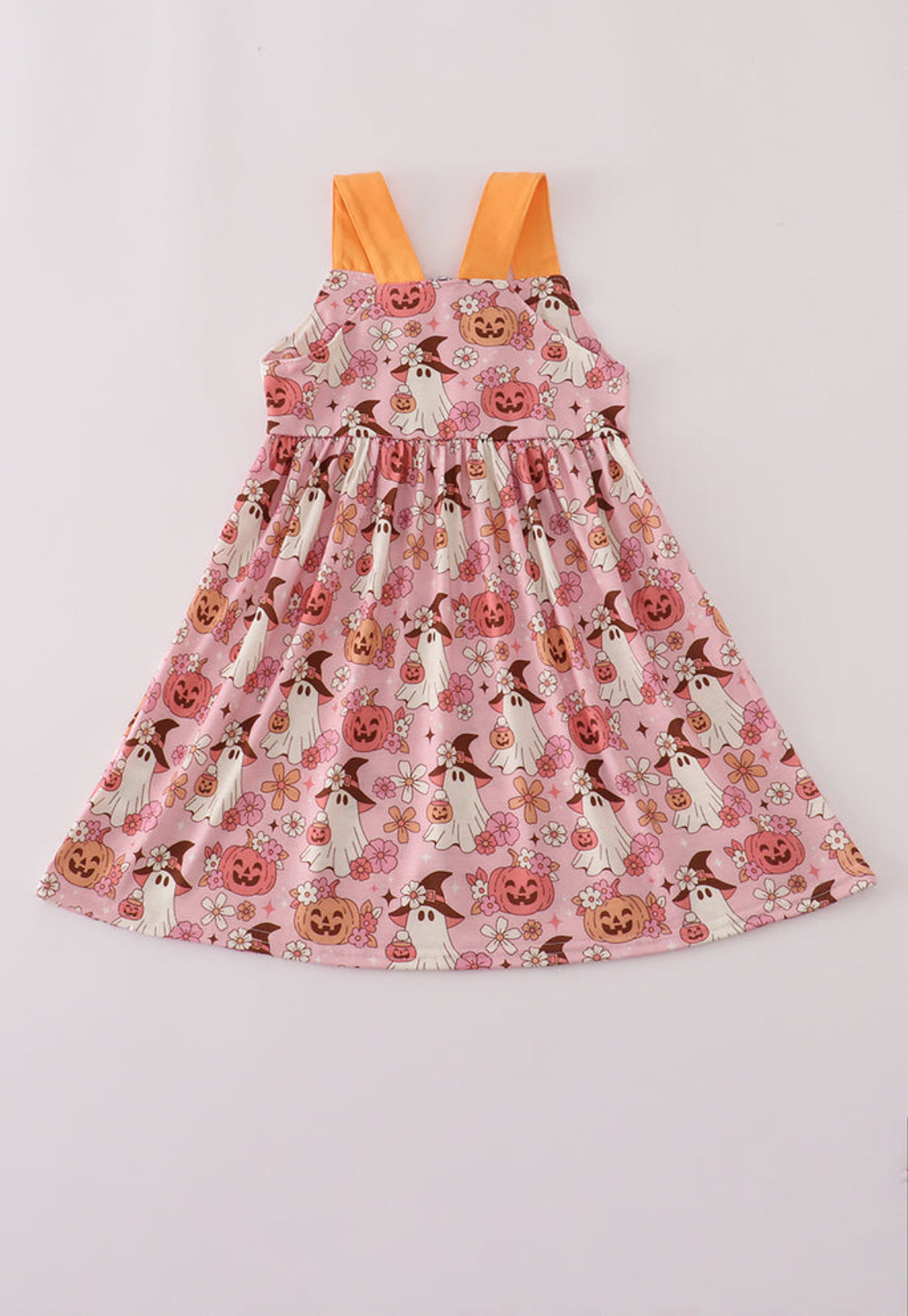 Pink Pumpkin Ghost Print Ruffle Girl’s Dress
