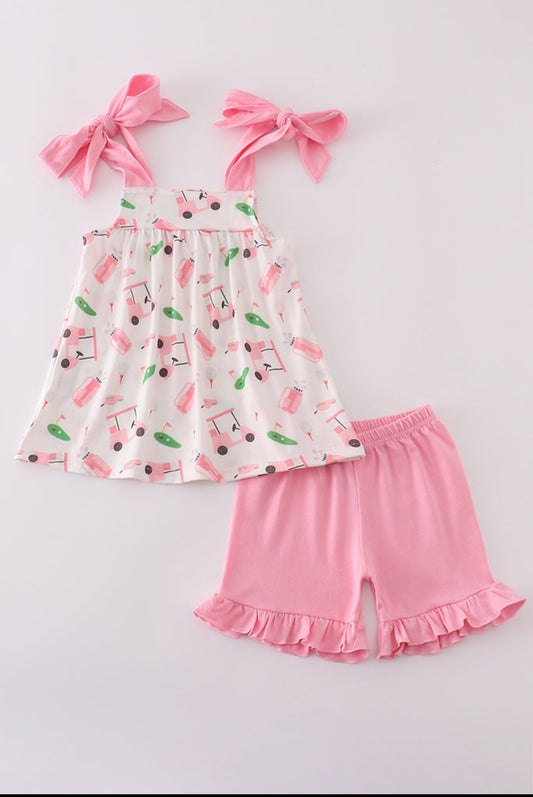 Pink Golf Print Girl’s Short Set