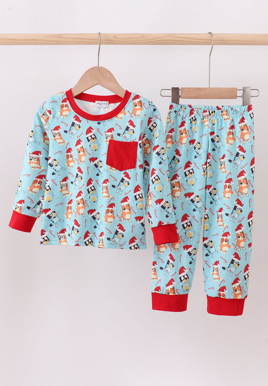 Blue Christmas Character Print Pajamas Boy’s Pants Set