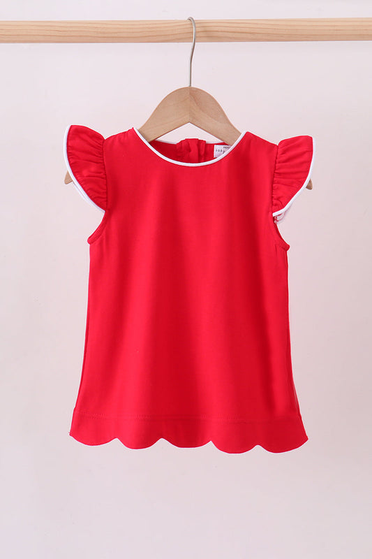 Red flutter sleeve scalloped top