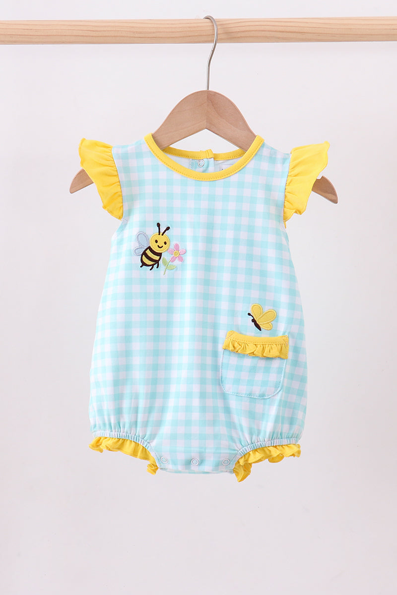 Blue gingham butterfly & bee pocket ruffle bubble