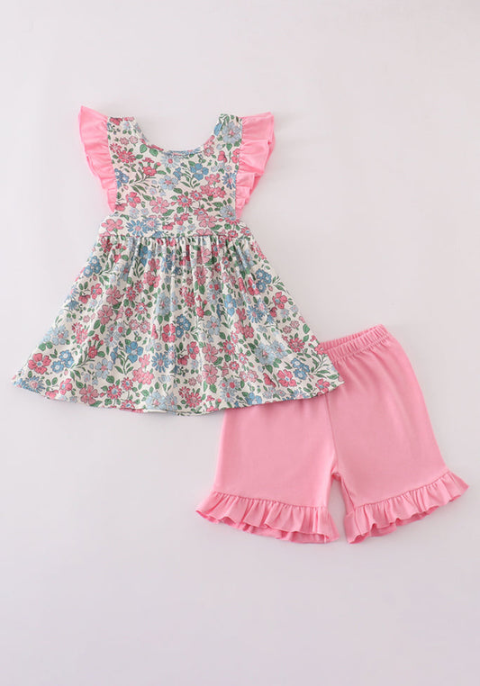 Vintage Floral Print Ruffle Girl’s Short Set