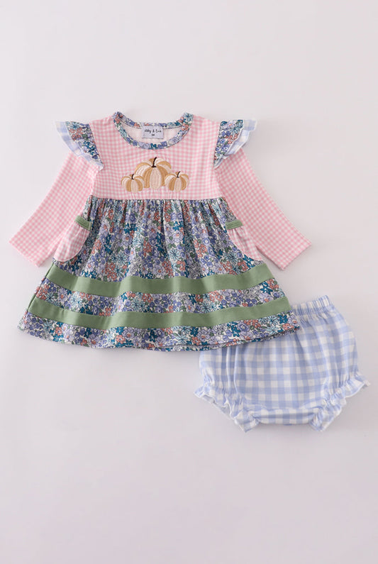 Blue Floral Pumpkin Embroidery Ruffle Girl’s Bloomer Set