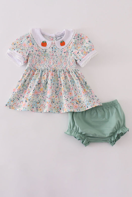 Green Floral Pumpkin Embroidery Smocked Girl’s Bloomer Set