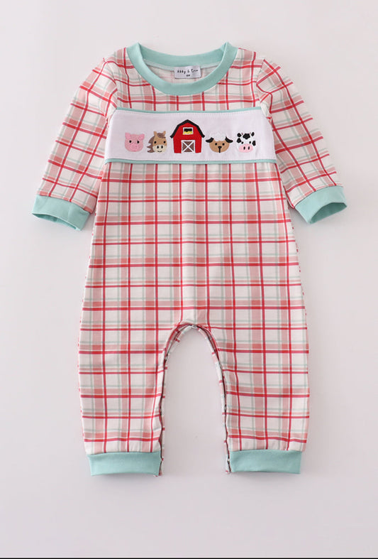 Red Plaid Farm Embroidery Boy’s Romper