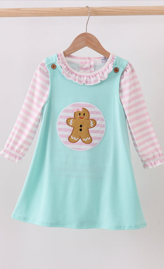 Blue Gingerbread Appliqué Ruffle Dress