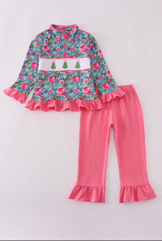 Blue Christmas Tree Smocked Ruffle Girl’s Pants Set