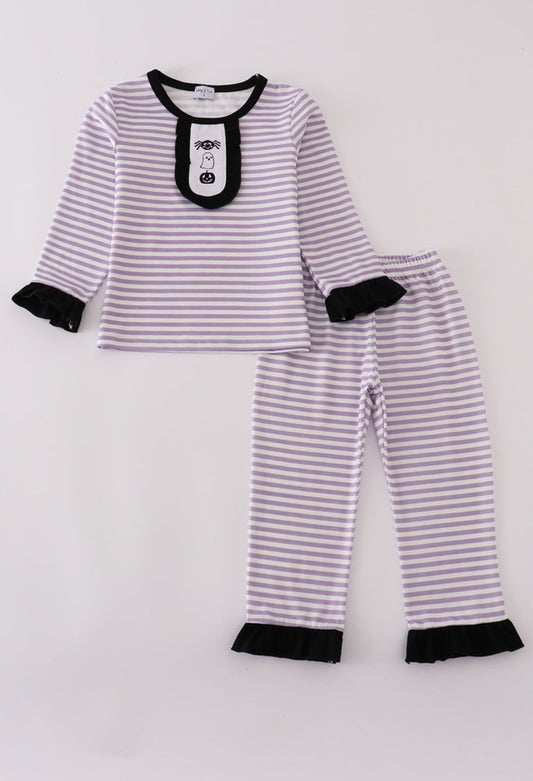 Purple Halloween Spider Embroidery Stripe Girl’s Pants Set
