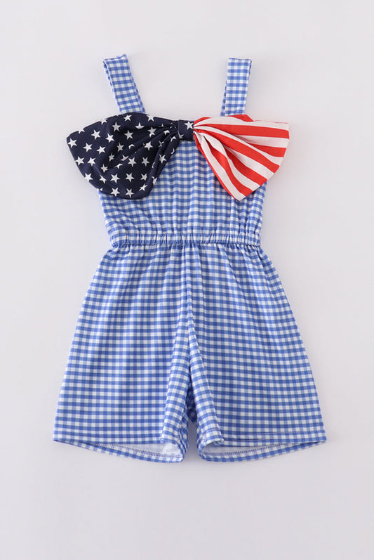 Blue Flag Bow Gingham Girl’s Jumpsuit