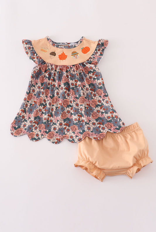 Fall Floral Print Pumpkin Embroidery Girl’s Bloomer Set