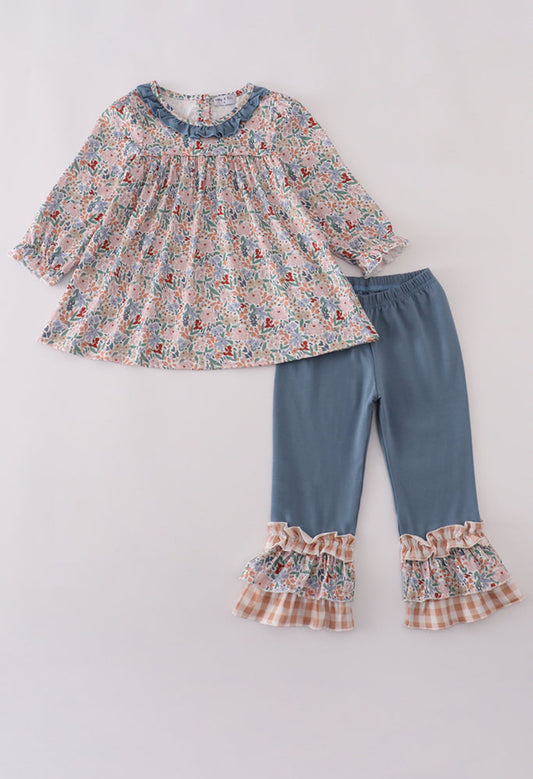 Blue Floral Print Ruffle Girl’s Pants Set