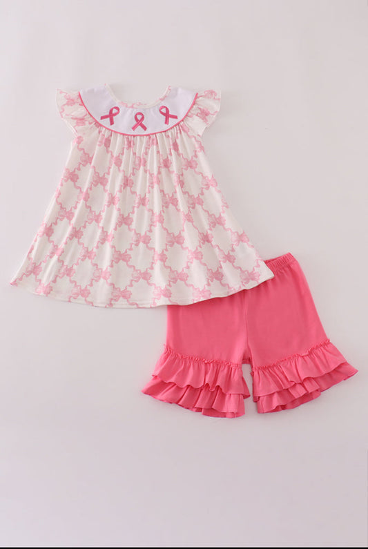 Pink Bow Tie Embroidery Ruffle Short Set