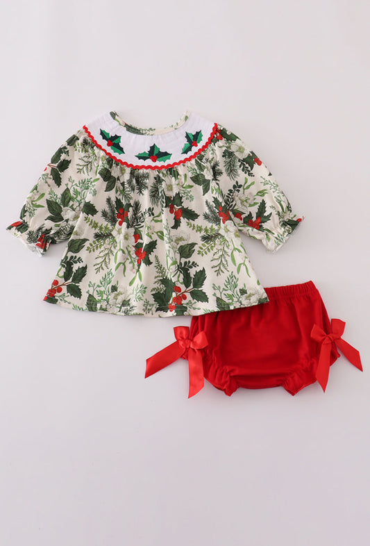 Green Holly Floral Smocked Bow Girl’s Bloomer Set