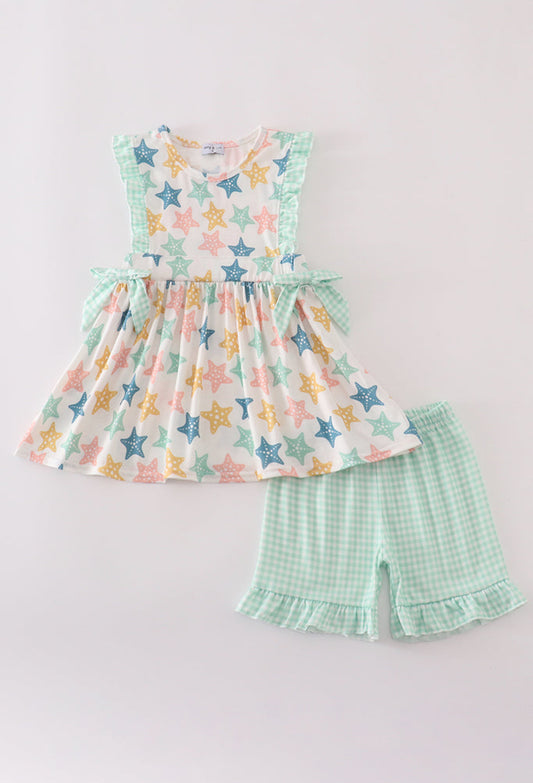 Blue Seashell Bow Ruffle Girl’s Short Set