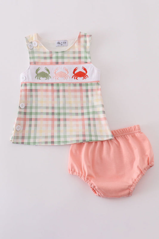 Crab Embroidery Plaid Boy’s Bloomer Set
