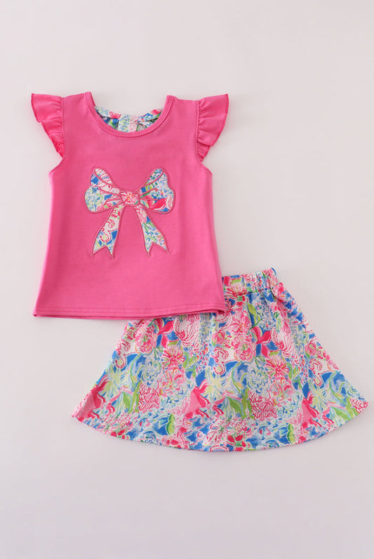 Hot Pink Floral Bow Appliqué Girl’s Active Skort Set