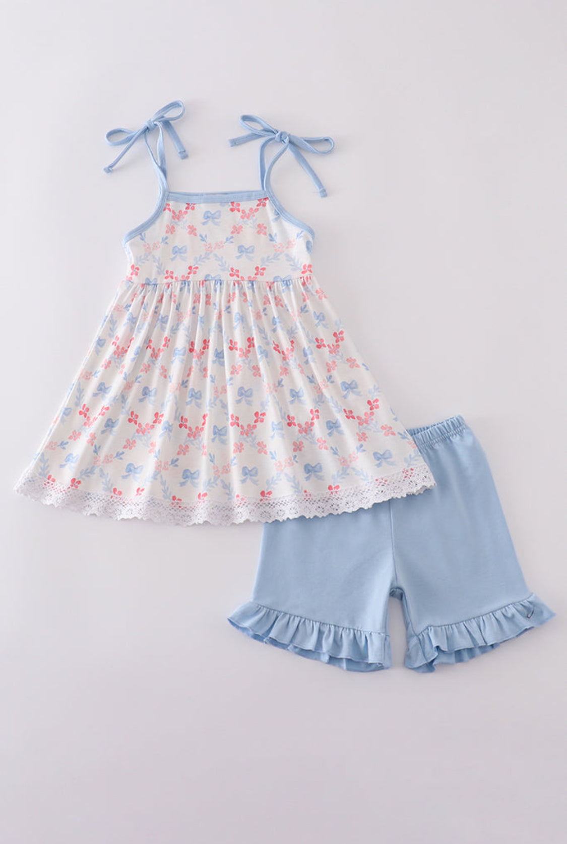 Blue bow Lattice Print Girl’s Short Set