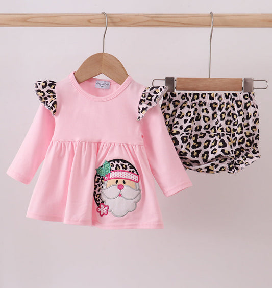 Pink Santa Claus Leopard Ruffle Girl’s Bloomer Set