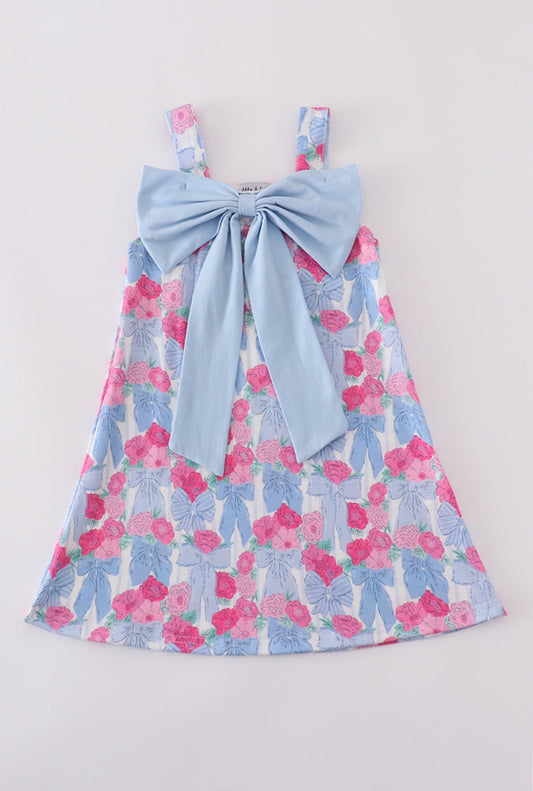 Blue Floral Bow Print Girl’s Dress