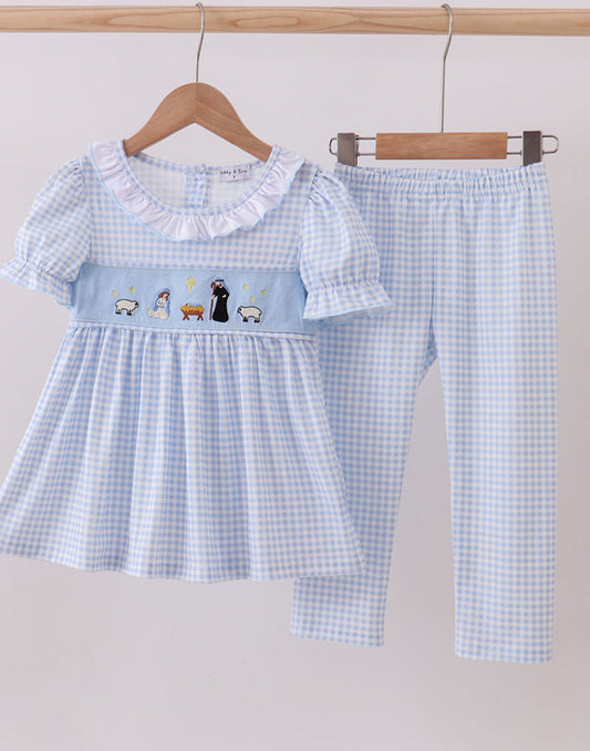 Blue Nativity Embroidery Girl’s Pants Set