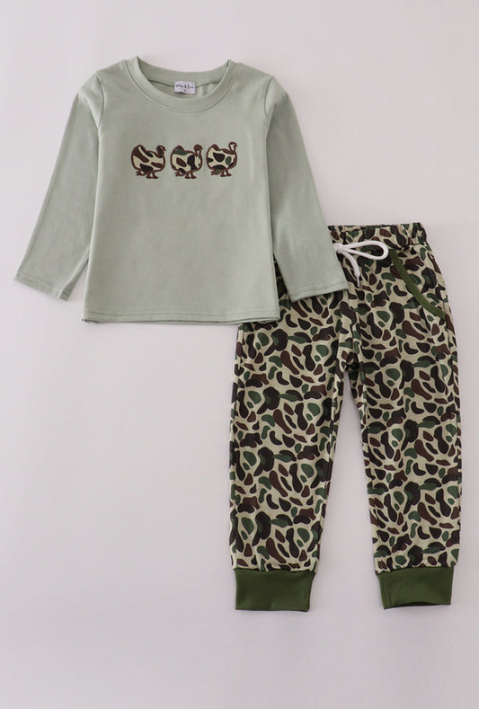 Sage Camouflage Turkey Applique Boy’s Pants Set