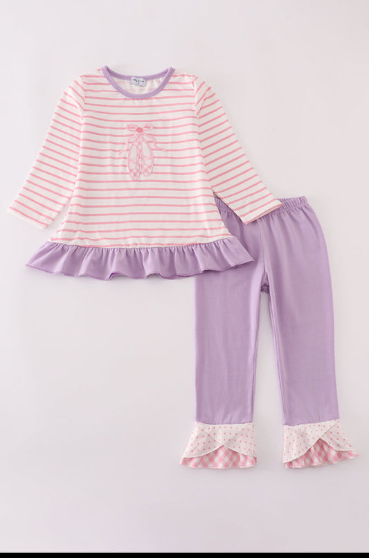 Purple Ballet Shoes Embroidery Stripe Girl’s Pants Set