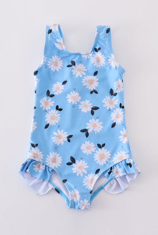 Blue Daisy Print One Piece Girl Swimsuit, UPF 50+