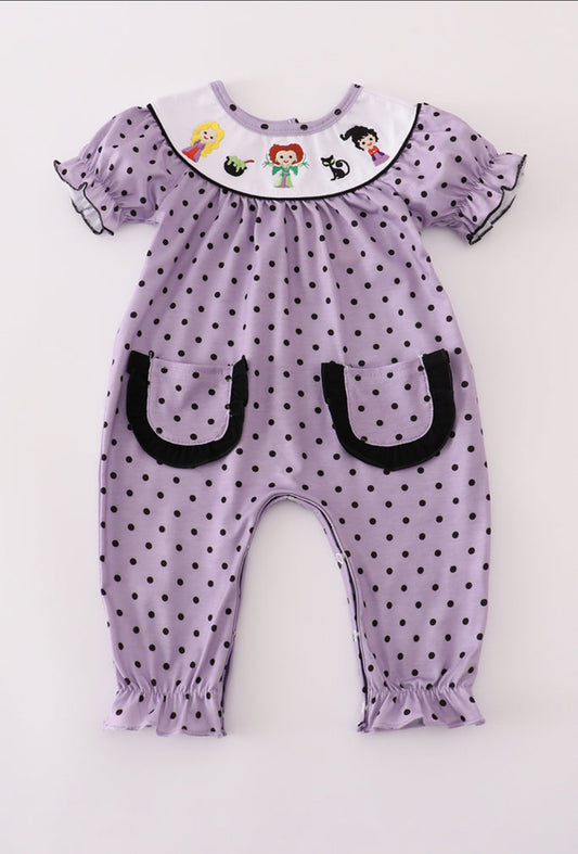 Purple Halloween Dot Witch Embroidery Girl’s Romper