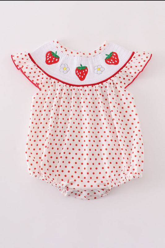 Red Dot Strawberry Embroidery Smocked Girl’s Bubble