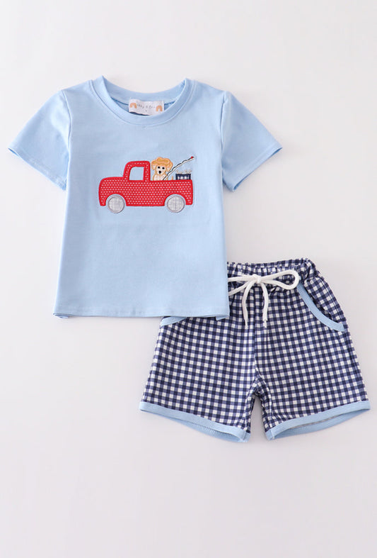 Blue Fishing Puppy Appliqué Boy’s Set