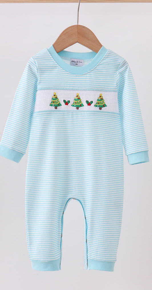Blue Stripe Christmas Tree.Smocked Boy’s Romper